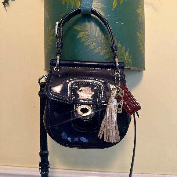 Coach Navy Patent Leather Mini Crossbody Bag With Striped Fabric Lining & Tassel - Picture 1 of 9